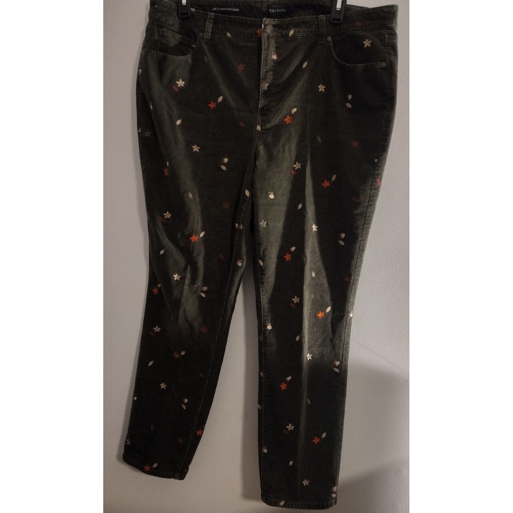 Talbots 18W Green Corduroy Pants Fall Leaves Embroidered Stretch Straight